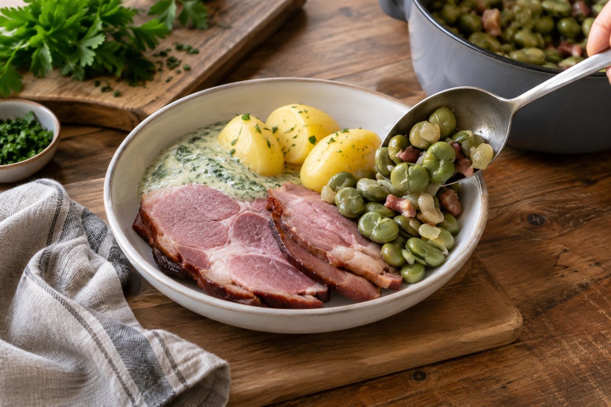 Broad beans being served beside sliced smoked pork, potatoes, and sauce.