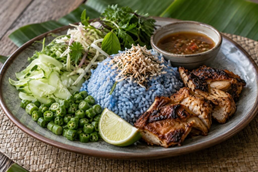 Malaysian Nasi Kerabu with blue rice, grilled chicken, herbs, and vegetables.