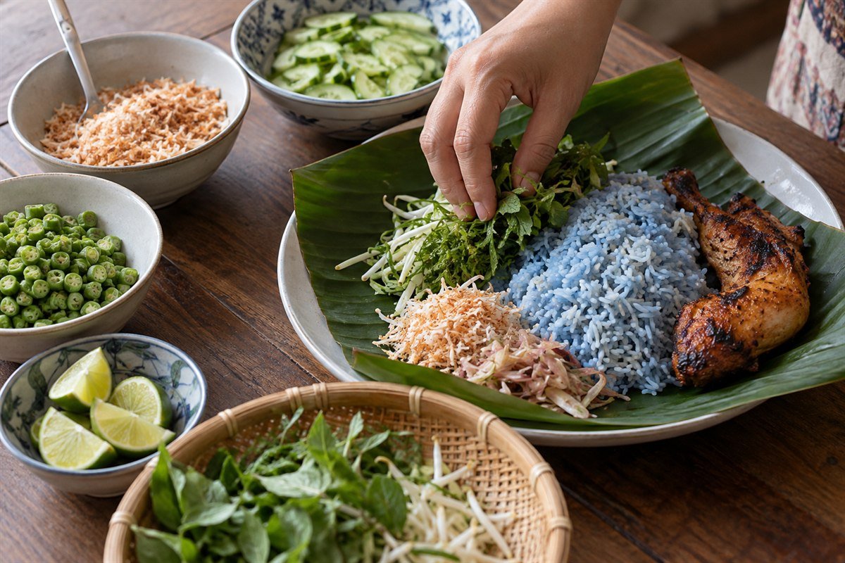 Malaysian Nasi Kerabu being assembled with blue rice, herbs, vegetables, and grilled chicken.