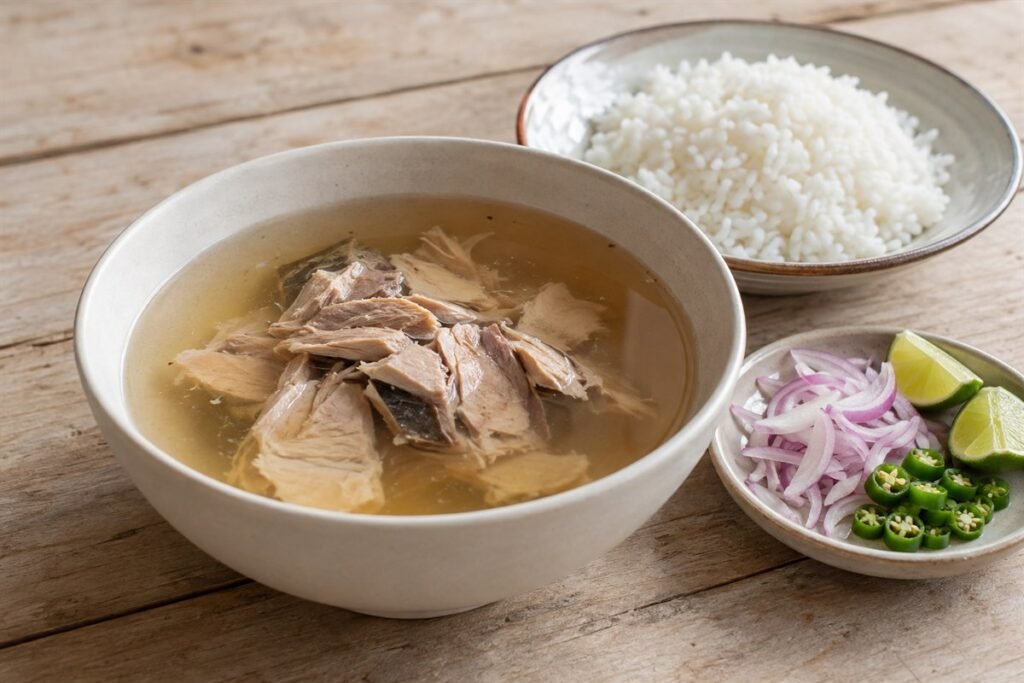 Maldivian garudhiya clear fish soup with flaky tuna, white rice, lime, red onion, and green chili.