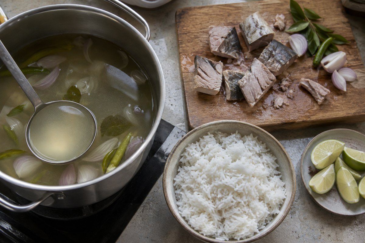 Maldivian garudhiya being prepared with fish, aromatic broth, rice, lime, onion, and chili.