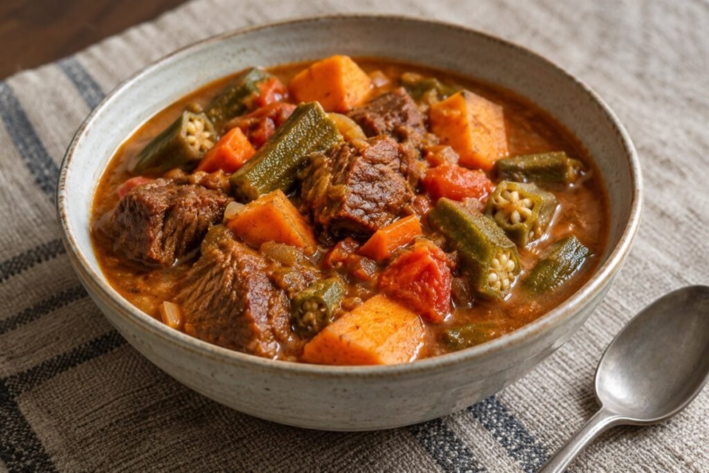 Malian tiguadege na peanut beef stew with okra and sweet potato in a ceramic bowl.