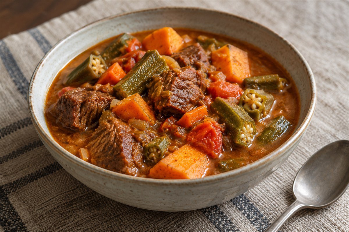 Malian tiguadege na peanut beef stew with okra and sweet potato in a ceramic bowl.