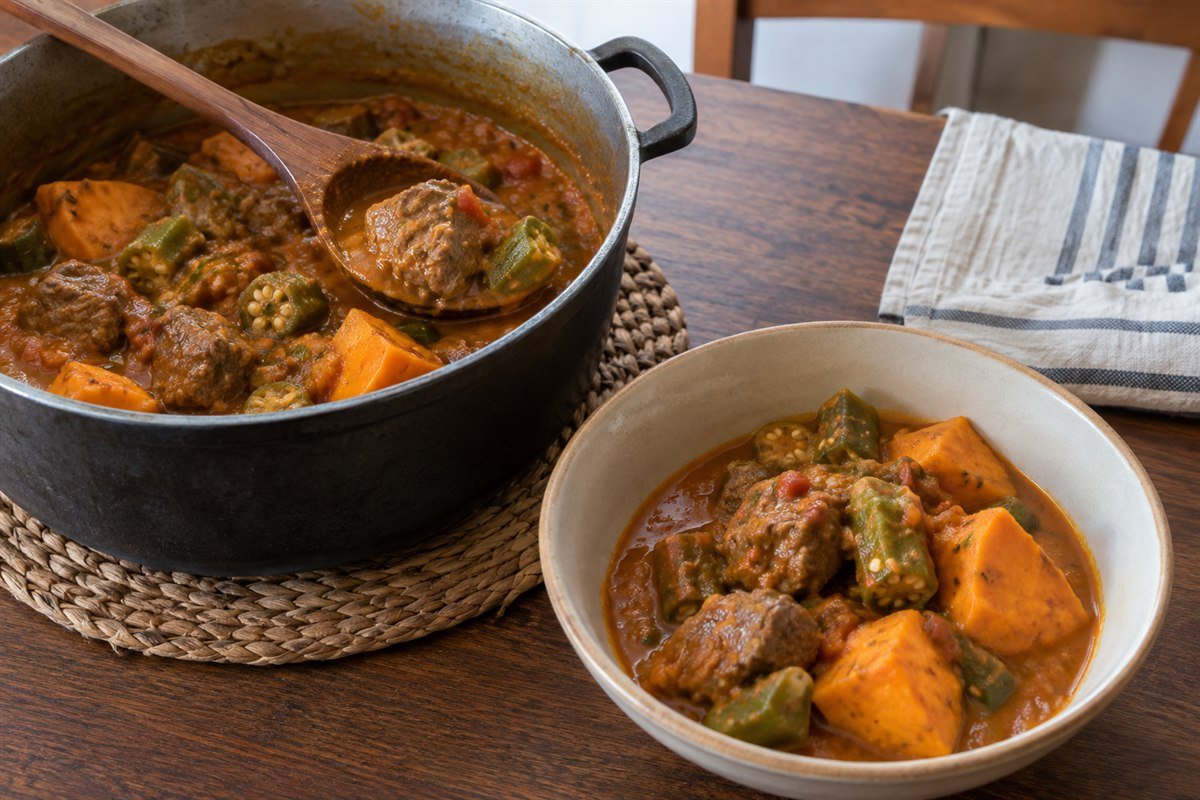 Malian tiguadege na being served from a cooking pot.