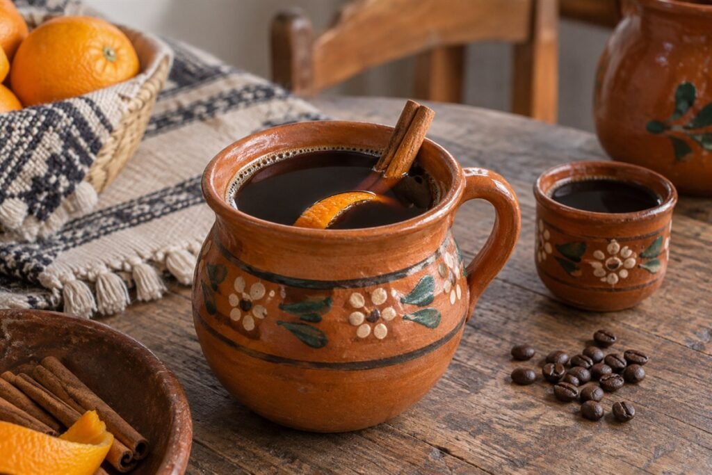 Mexican café de olla with cinnamon and orange peel in a traditional clay mug.