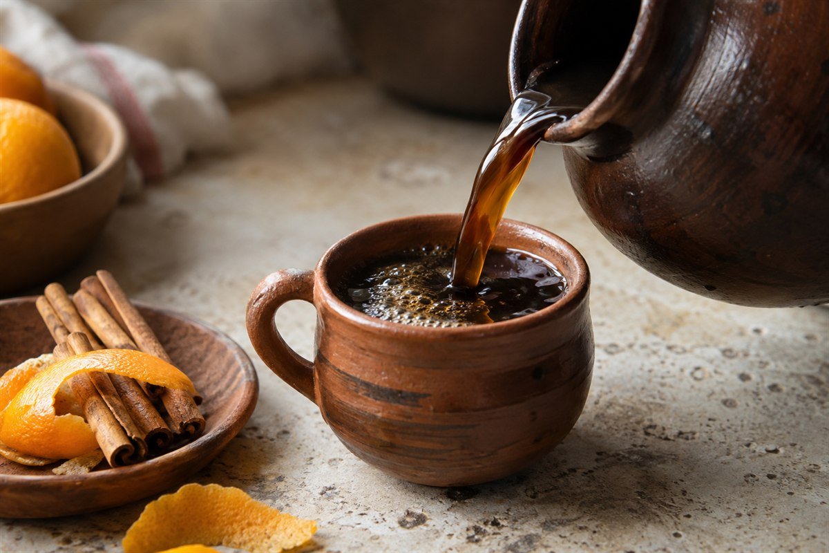 Mexican café de olla poured from a clay pot into a small cup beside cinnamon and orange peel.
