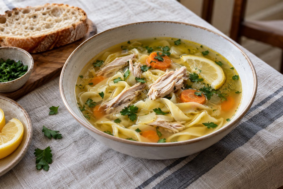 Moldovan zeama chicken and noodle soup with lemon and herbs.
