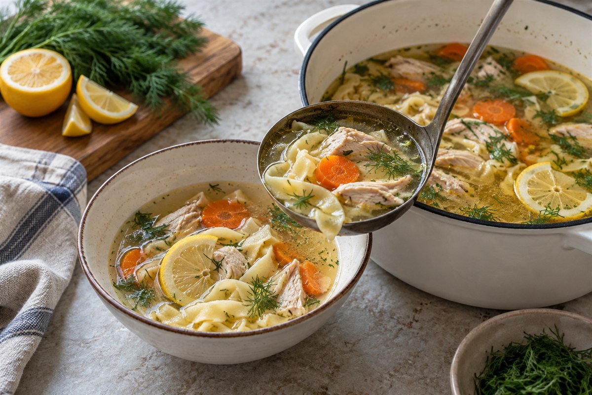 Moldovan zeama being ladled from a stockpot into a bowl.