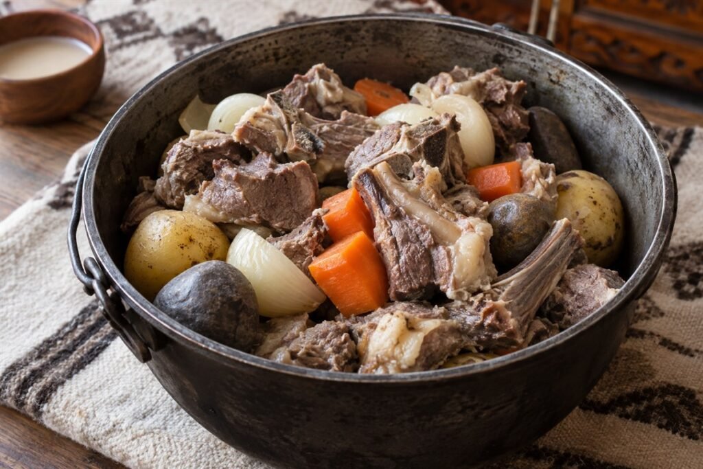 Mongolian khorkhog with tender lamb, vegetables, and smooth cooking stones in a metal pot.