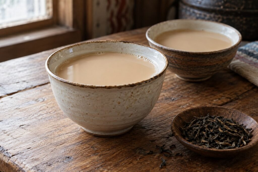 Mongolian suutei tsai salty milk tea in rustic ceramic cups beside loose tea leaves.