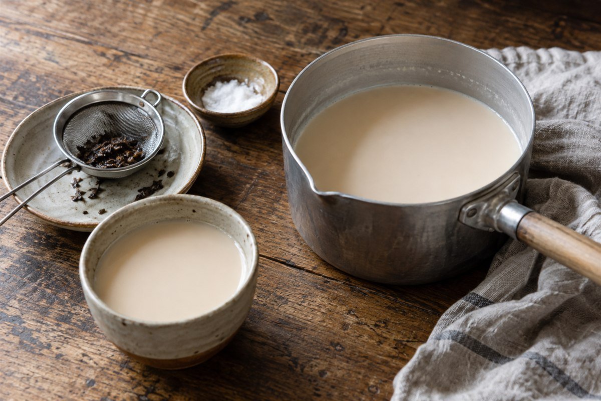 Mongolian suutei tsai being prepared in a saucepan with tea, salt, a strainer, and a cup.