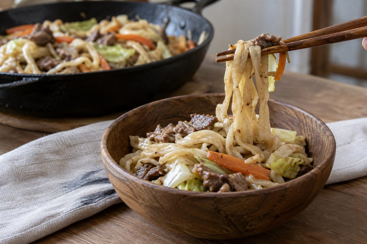 A serving of Mongolian tsuivan with beef, cabbage, carrots, and hand-cut noodles.