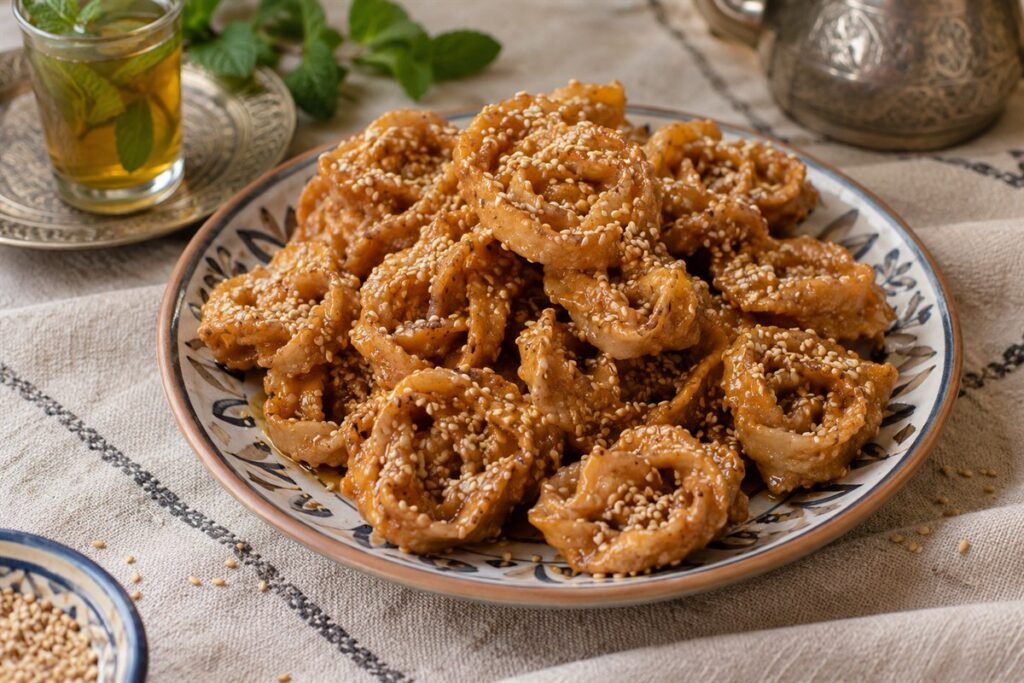 Moroccan chebakia sesame cookies coated in honey and arranged on a simple ceramic plate.