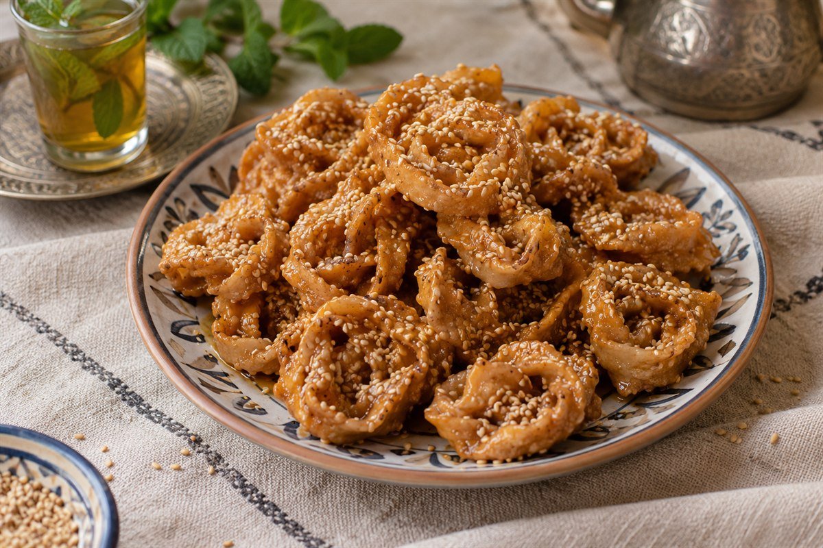 Moroccan chebakia sesame cookies coated in honey and arranged on a simple ceramic plate.