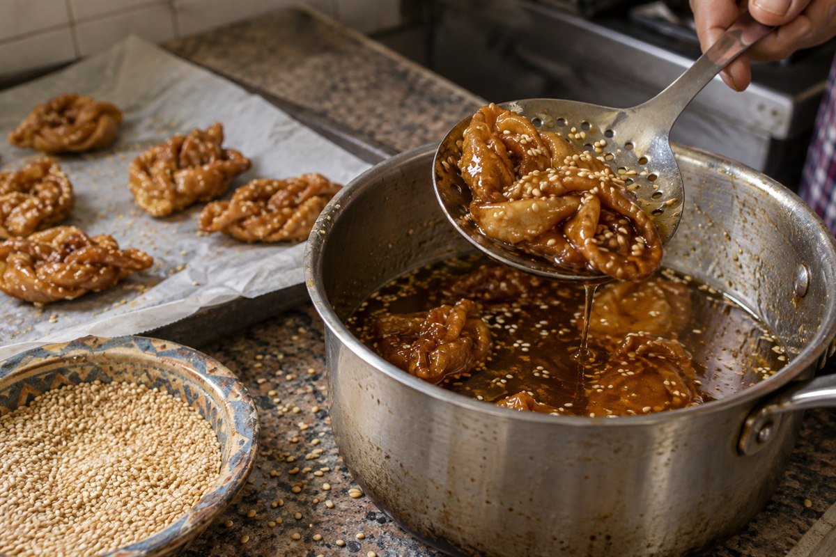 Moroccan chebakia being dipped in honey beside sesame seeds and orange blossom water.