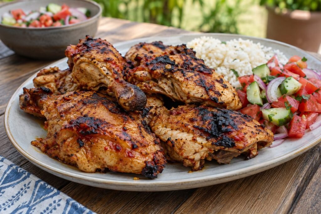Mozambican piri-piri grilled chicken with rice and tomato cucumber salad.