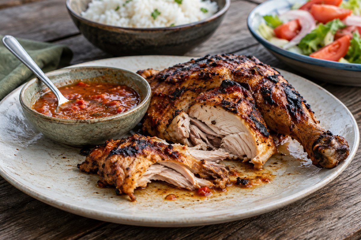 Piri-piri chicken cut open beside chili-lime sauce, rice, and salad.
