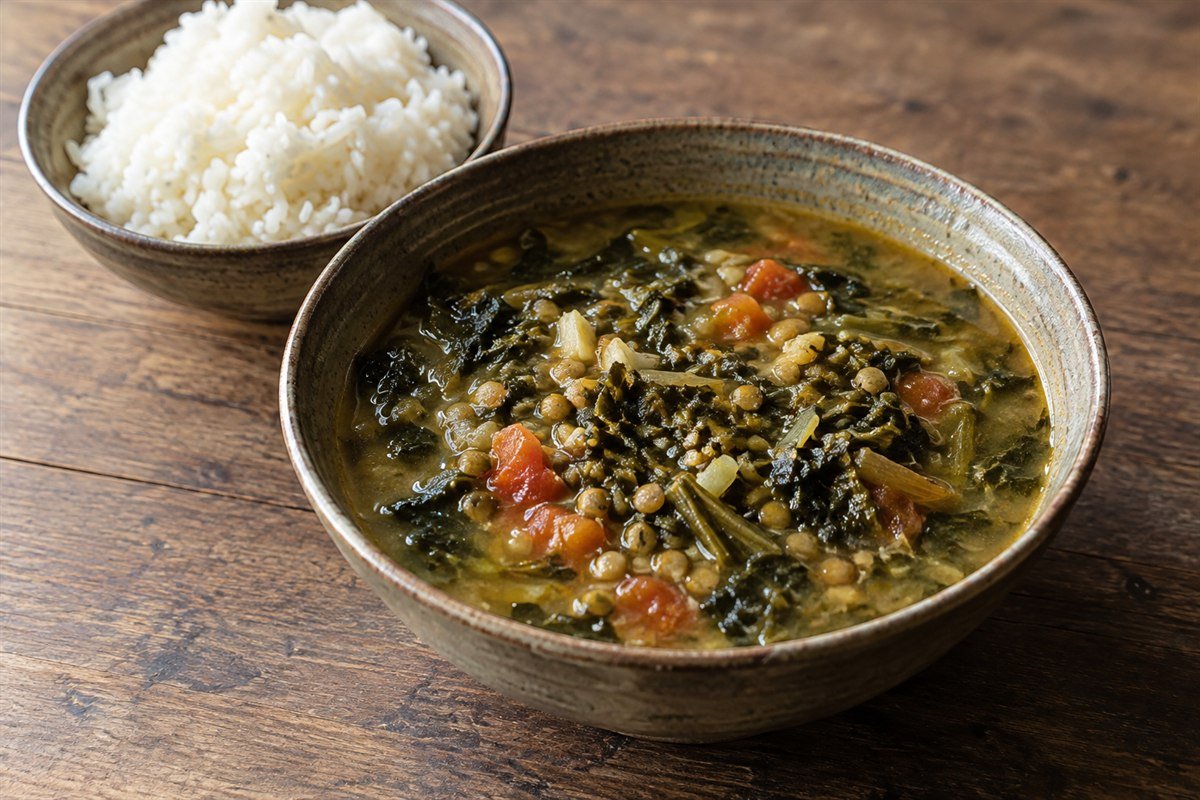 Nepalese gundruk ko jhol fermented greens soup with lentils, tomato, and rice.