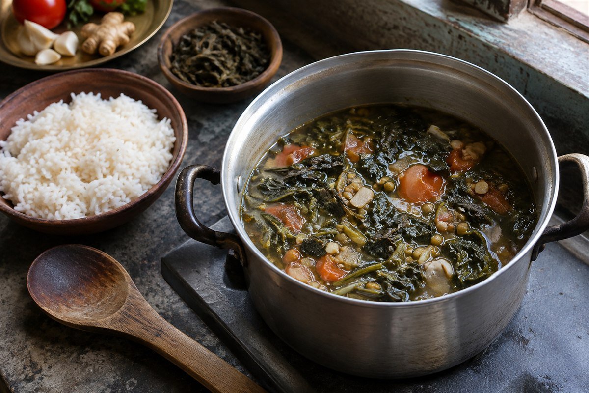 Nepalese gundruk ko jhol simmering in a pot with fermented greens, lentils, tomato, and rice.