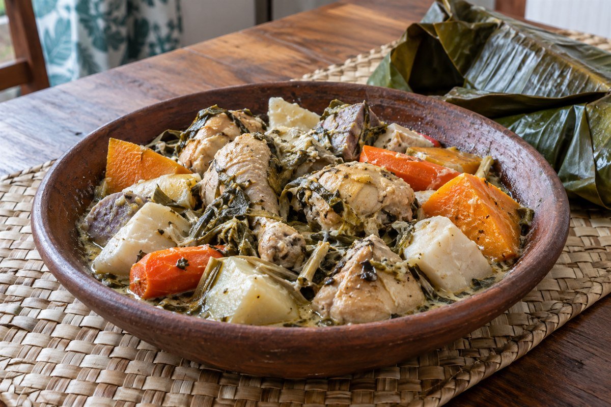 New Caledonian bougna with chicken, root vegetables, greens, and coconut sauce.
