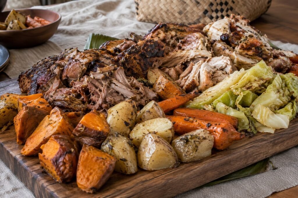 New Zealand hangi-style feast with tender pork, chicken, kūmara, potatoes, carrots, and cabbage on a serving board.