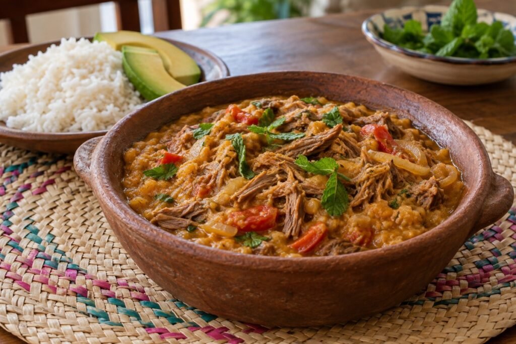Nicaraguan indio viejo with shredded beef, maize masa, tomato, pepper, onion, and mint.
