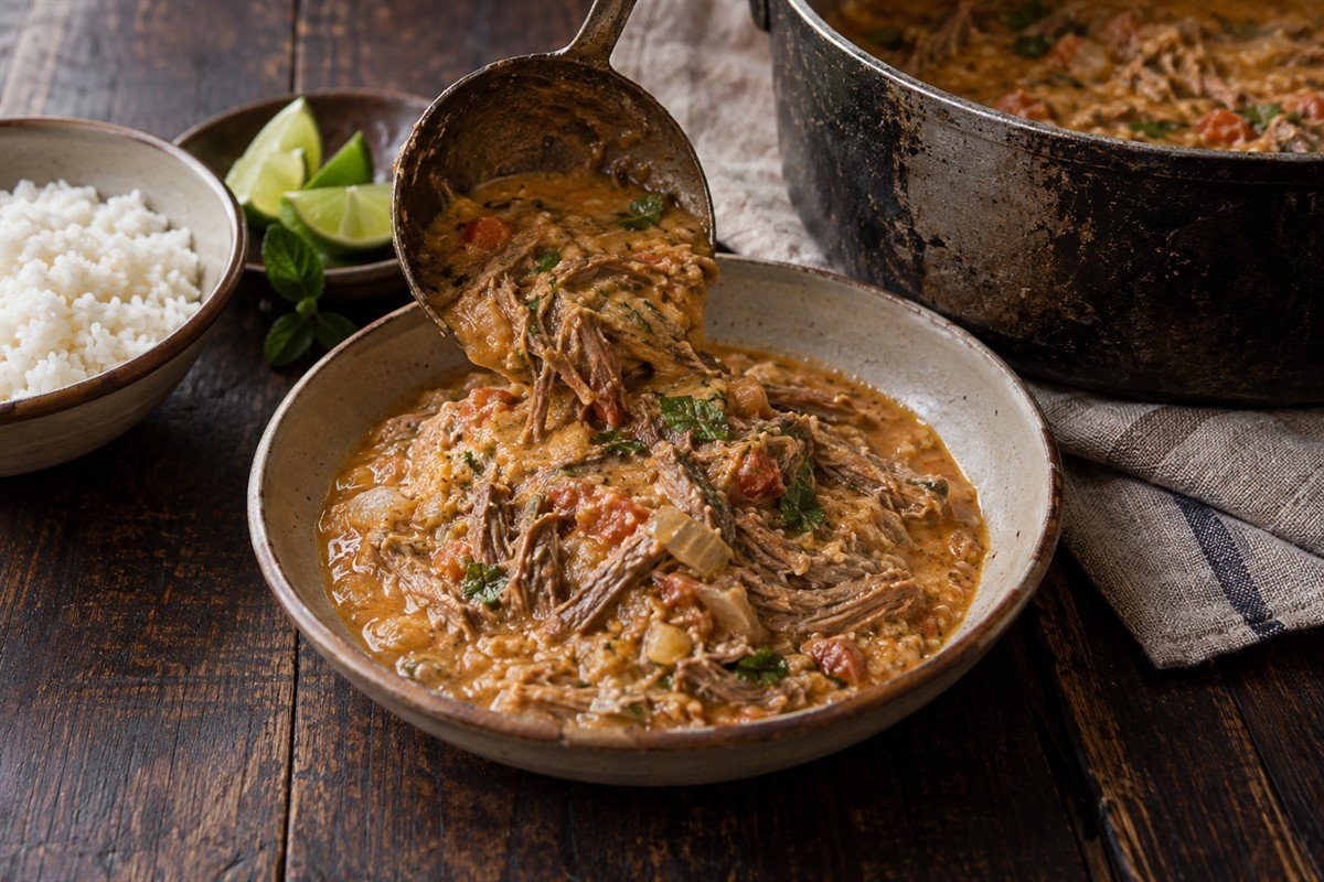 Nicaraguan indio viejo being ladled from a pot into a bowl with rice and lime.