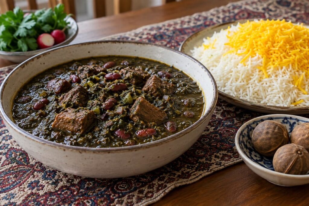 Persian Ghormeh Sabzi herb and beef stew served with saffron rice and dried limes.