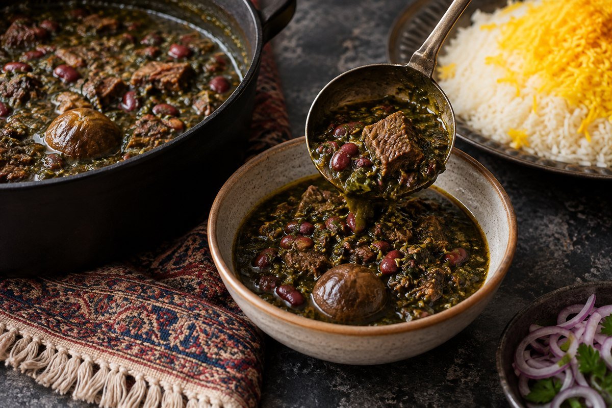 A ladle serving Persian Ghormeh Sabzi with beef, kidney beans, herbs, and dried lime.
