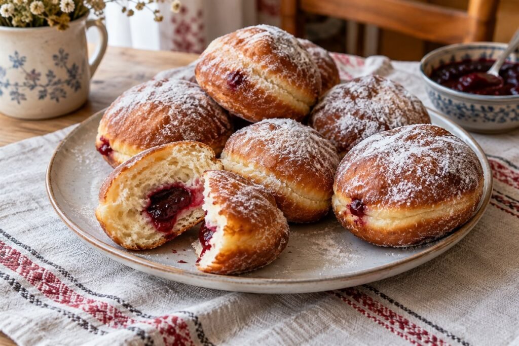 Powdered Polish paczki filled with raspberry jam on a ceramic plate.