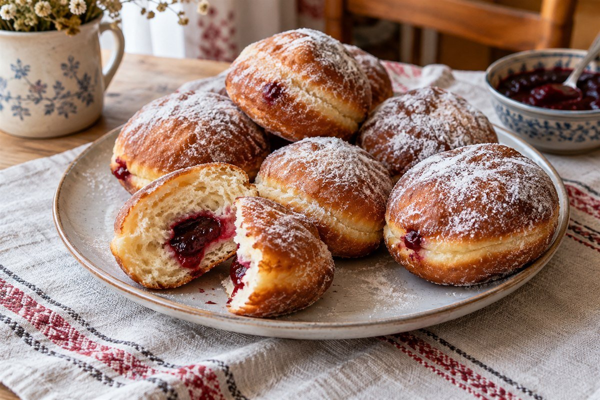Powdered Polish paczki filled with raspberry jam on a ceramic plate.