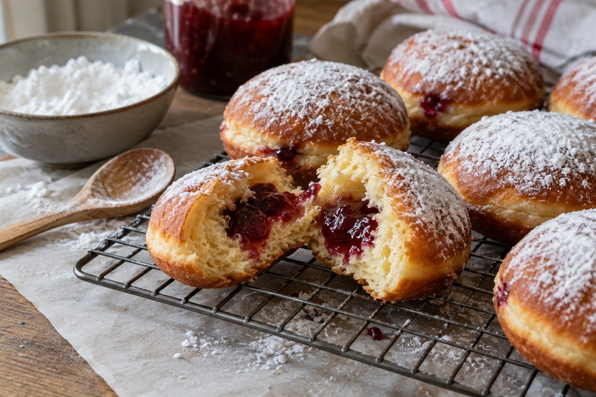 Polish paczki cooling on a rack with raspberry filling and powdered sugar.