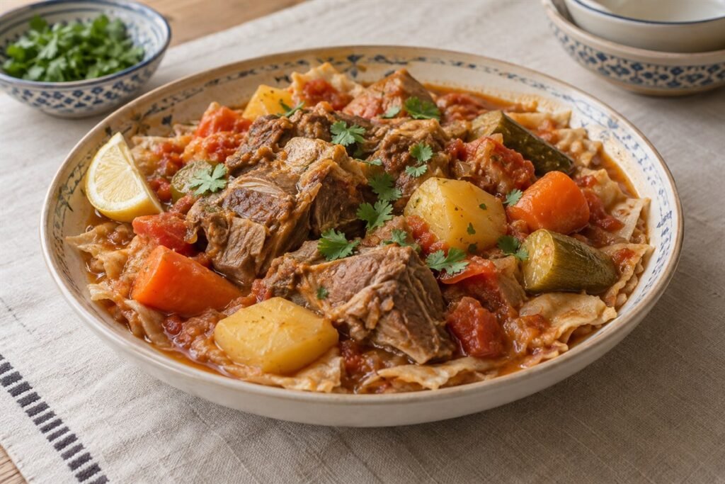 Qatari thareed lamb and vegetable stew spooned over torn flatbread in a shallow serving bowl.