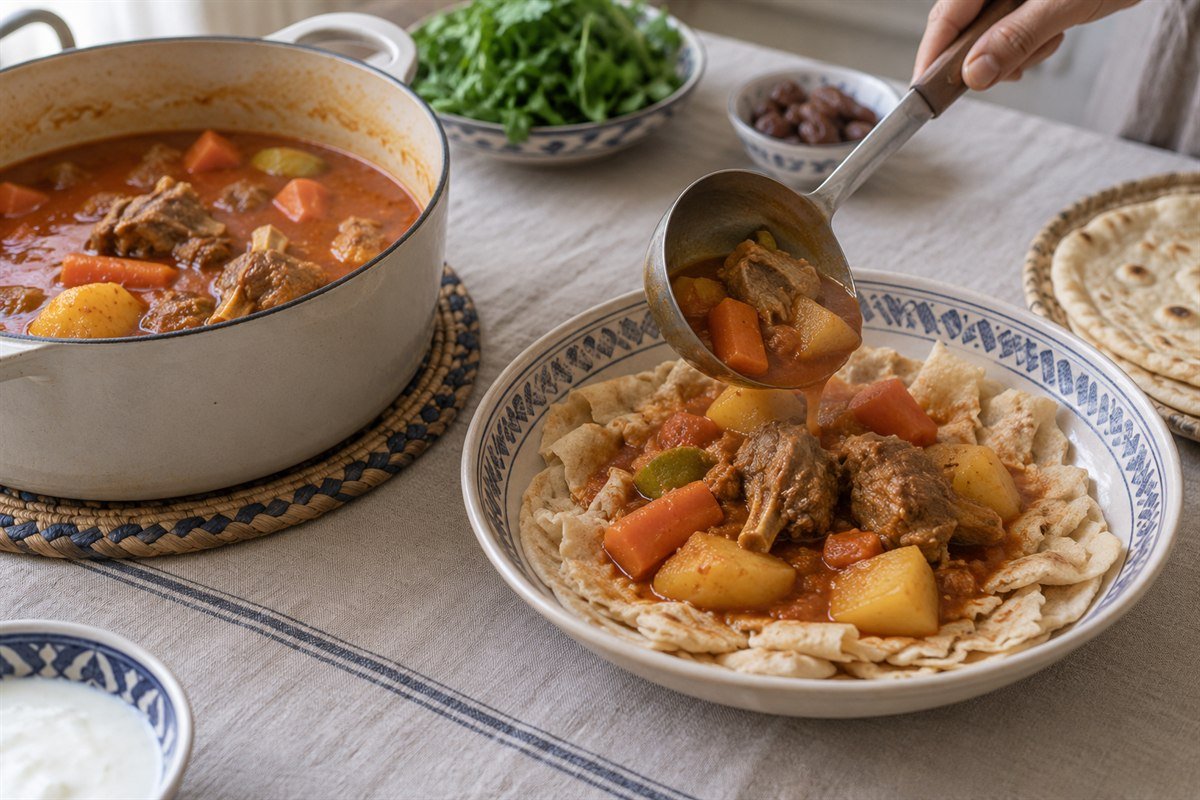 Qatari thareed being ladled over torn flatbread beside a pot of lamb stew.