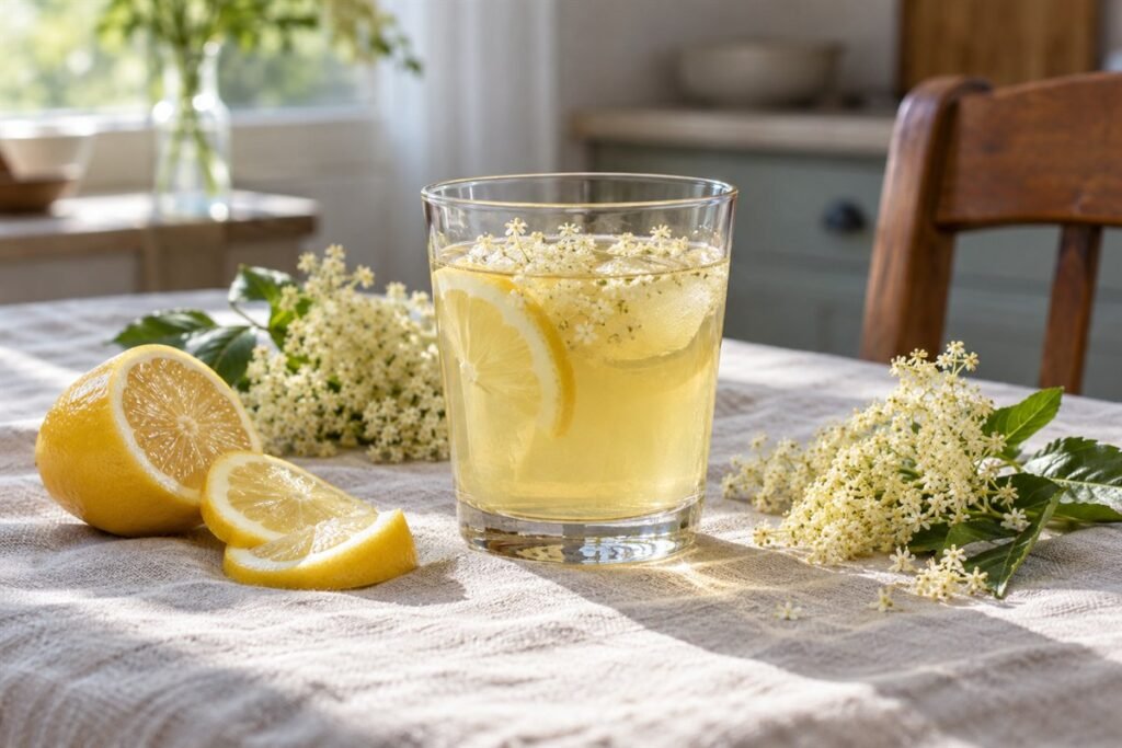 A chilled glass of Romanian socată elderflower lemonade with lemon slices and elderflowers.