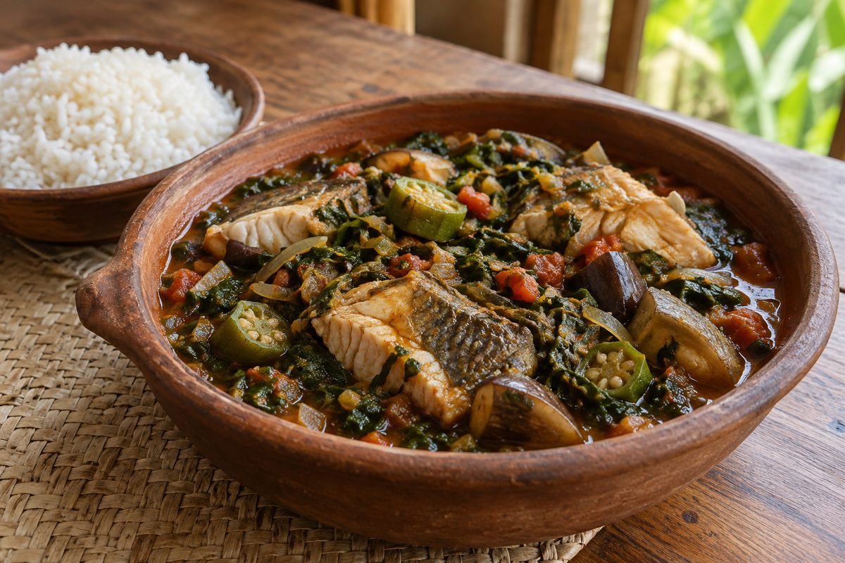 SÃ£o TomÃ©an calulu with flaky fish, okra, eggplant, greens, and rice in a rustic clay bowl.