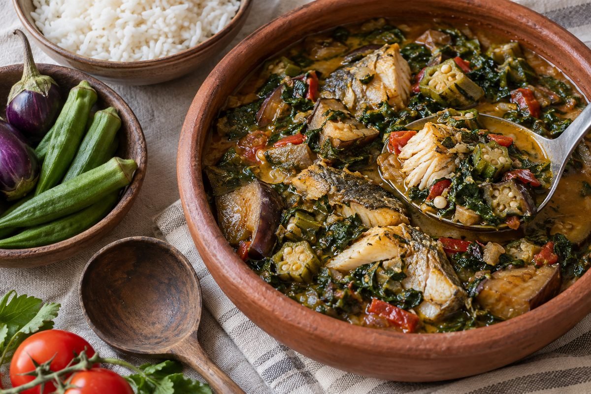 A serving spoon lifts flaky fish and vegetables from São Toméan calulu.