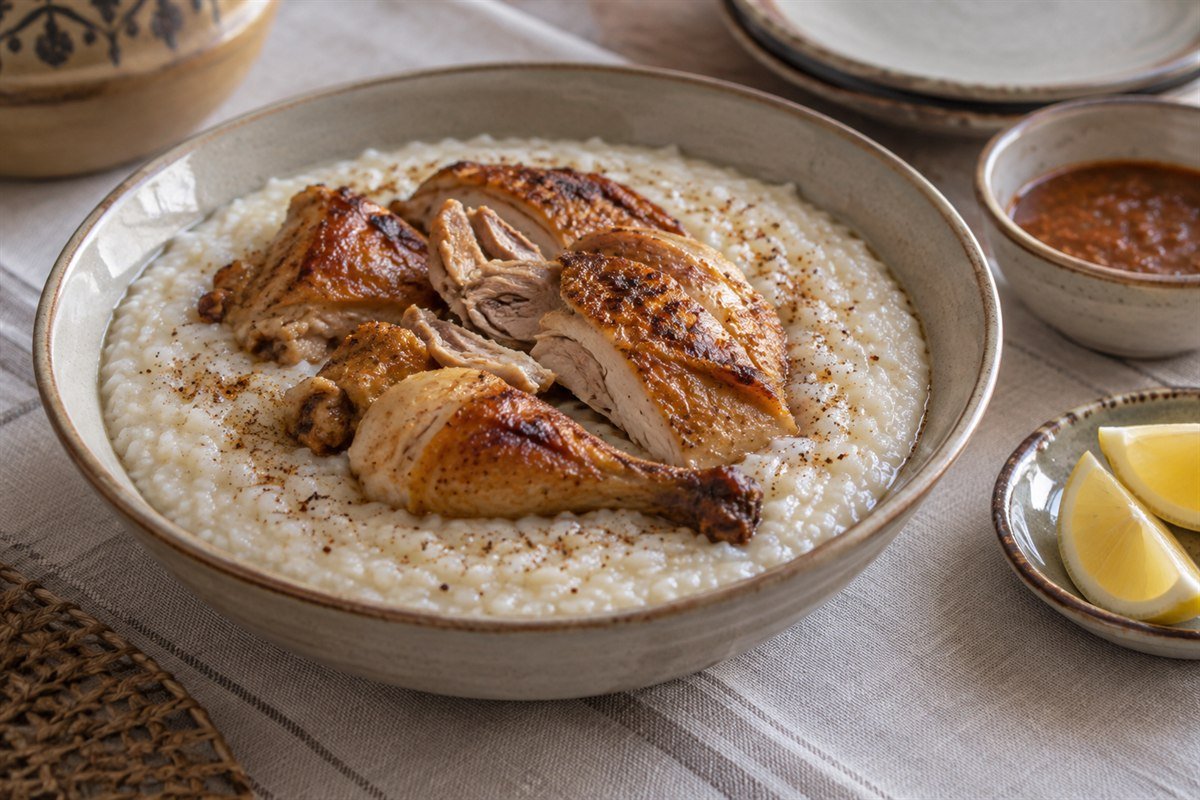 Saudi Saleeg creamy rice topped with roasted chicken and served with lemon.