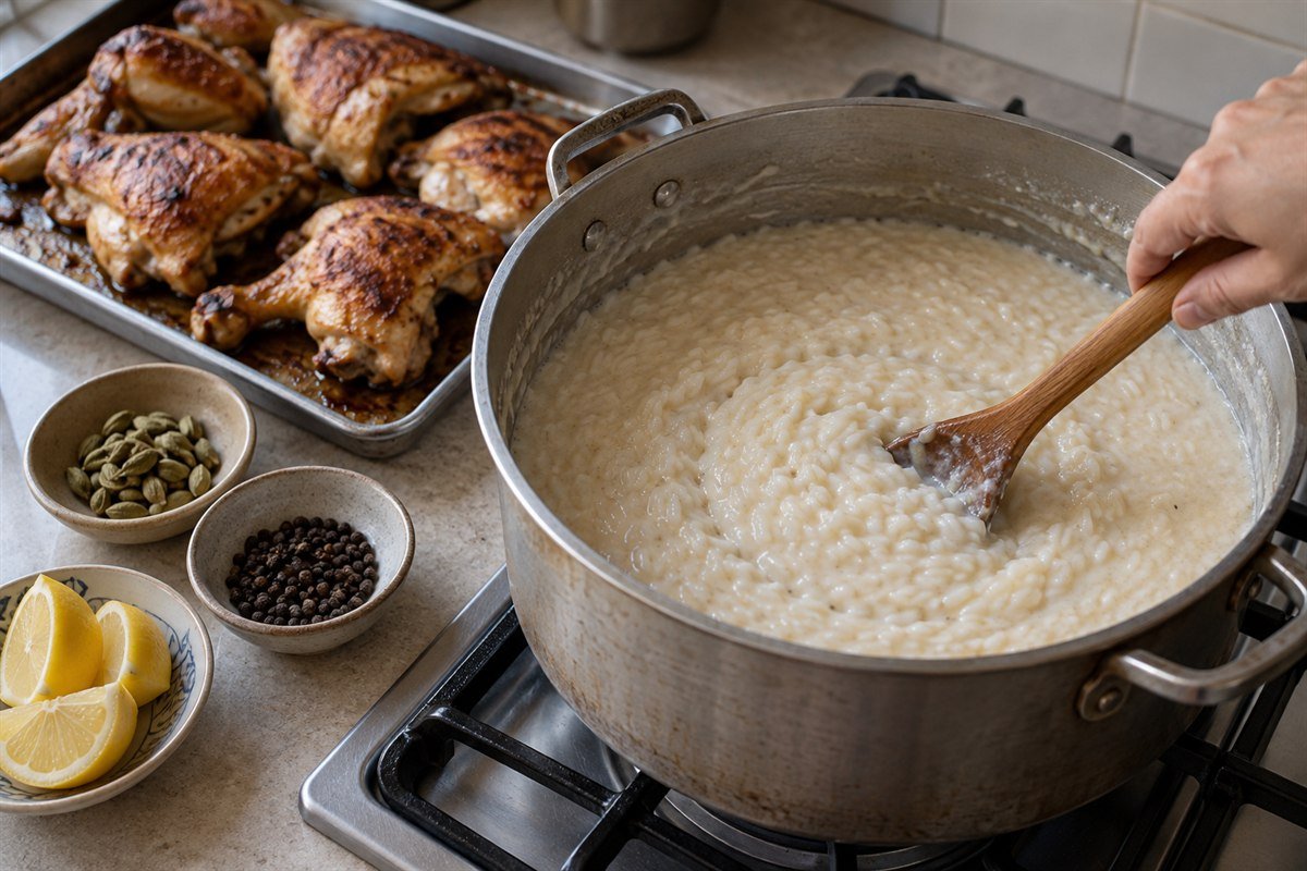 Creamy Saudi Saleeg rice being stirred beside roasted chicken and spices.