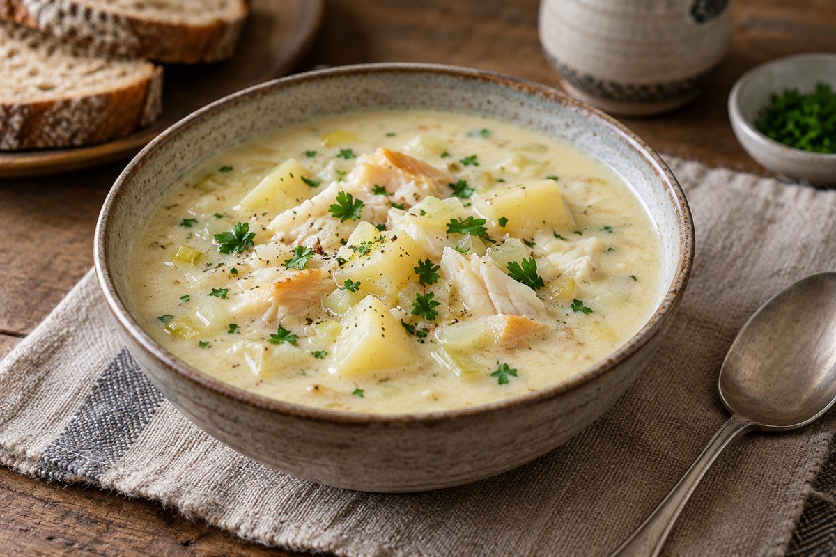 Scottish Cullen Skink with smoked haddock, potatoes, leeks, and parsley in a rustic bowl.