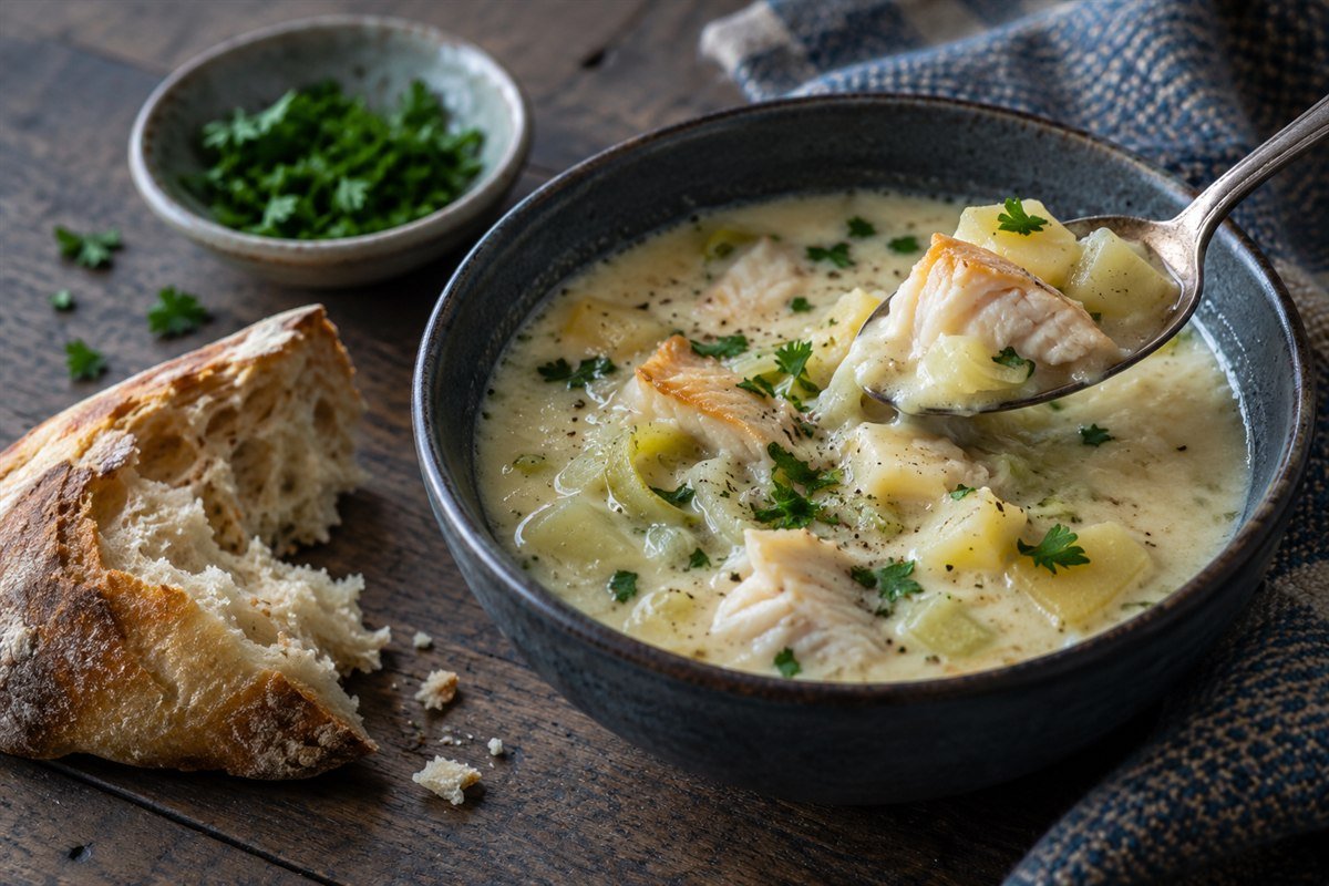 A spoonful of Scottish Cullen Skink showing smoked haddock and potato beside rustic bread.