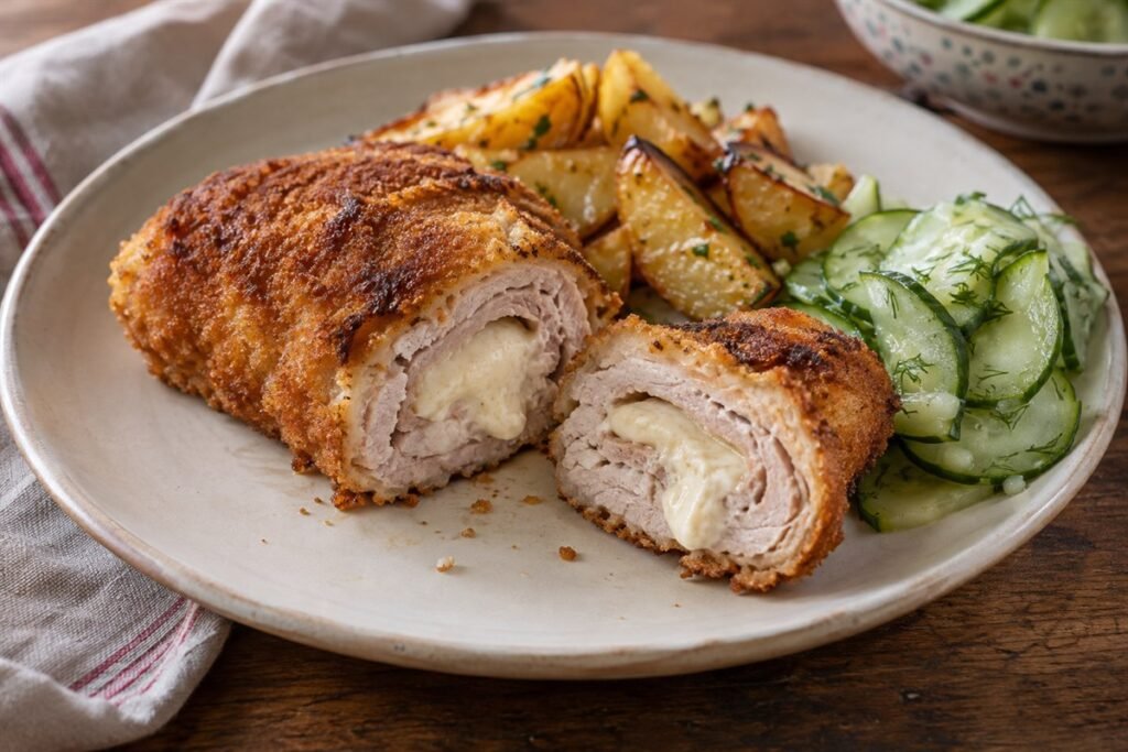 Breaded Serbian stuffed schnitzel sliced to show its creamy kajmak filling, with roasted potatoes.