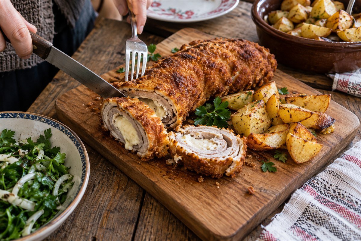 A stuffed Serbian schnitzel being sliced on a wooden board beside roasted potatoes.