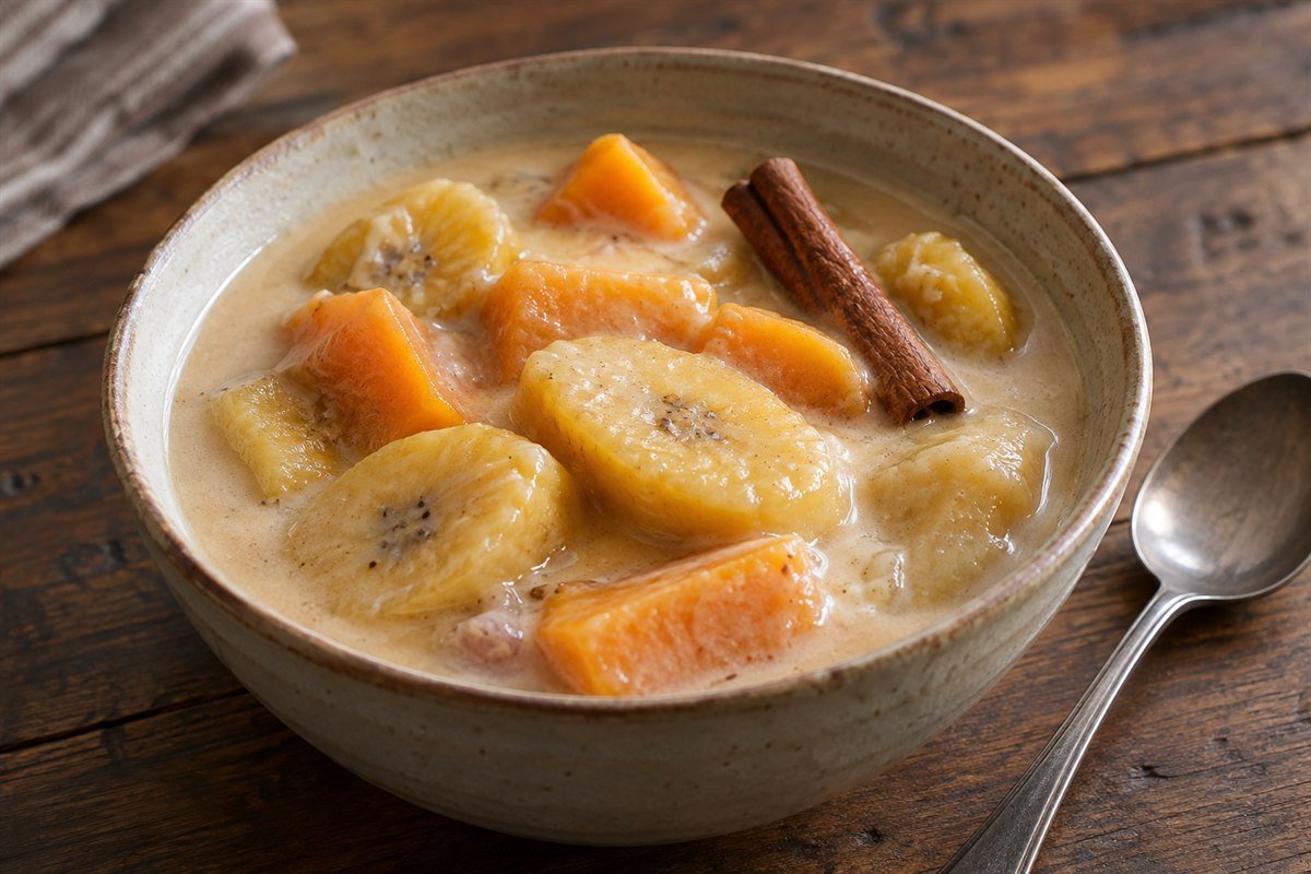 Seychellois ladob with soft plantain and sweet potato in a smooth coconut sauce with cinnamon.