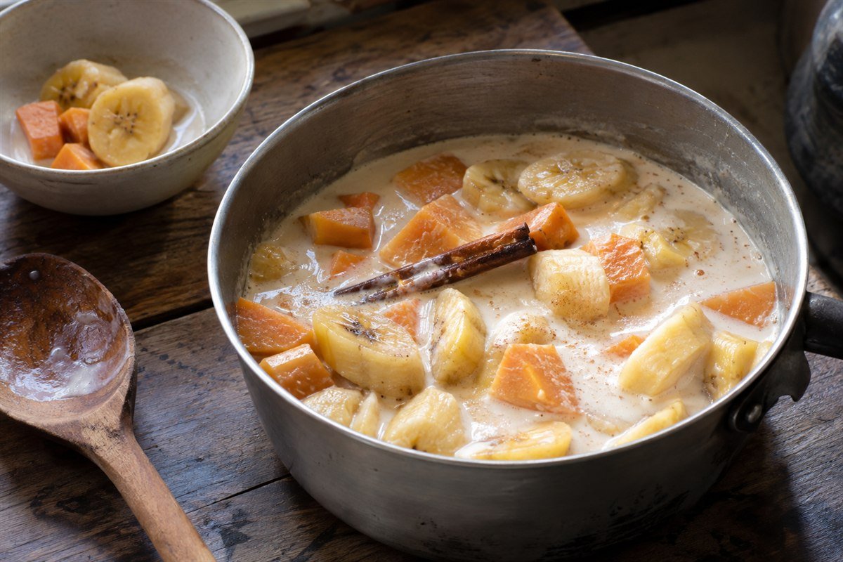Seychellois ladob plantain and sweet potato simmering in coconut milk with cinnamon.