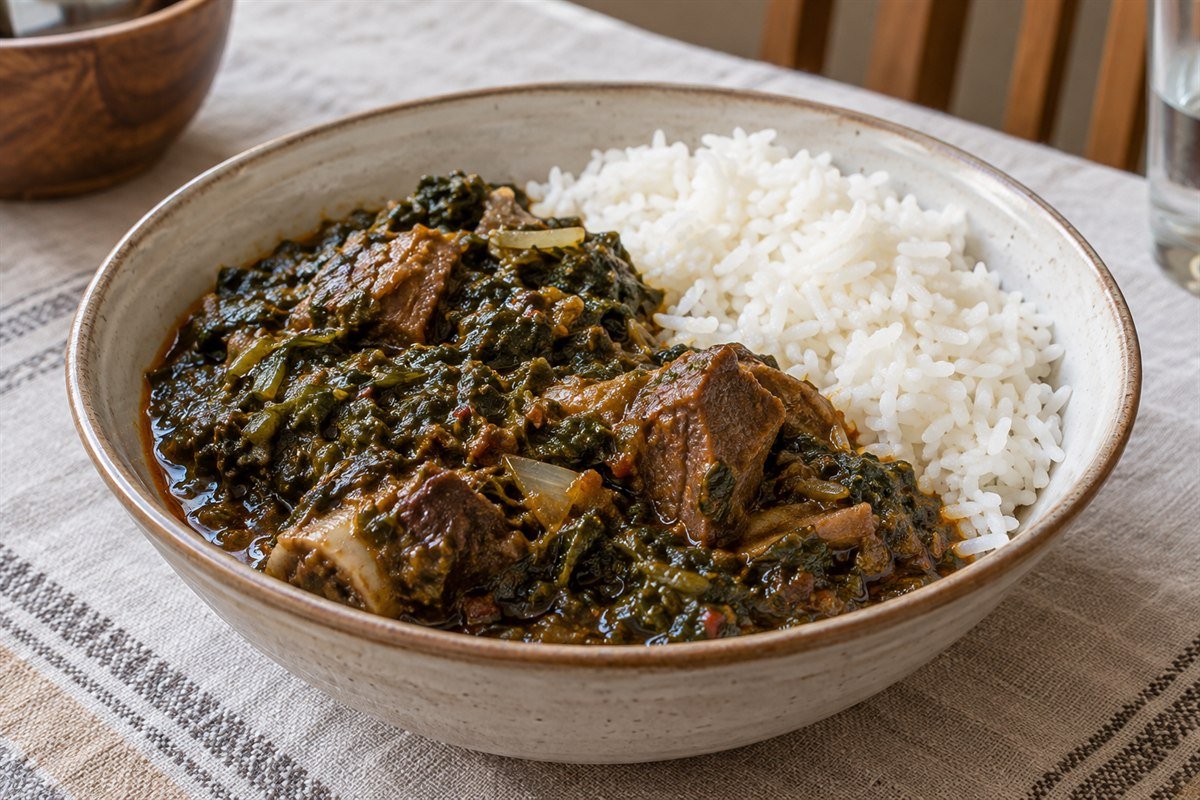 Cassava leaf stew with tender beef and white rice in a home-style bowl.