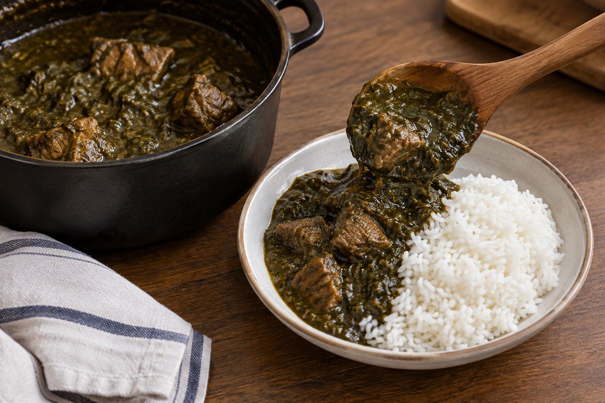 Cassava leaf stew with beef being spooned beside white rice.