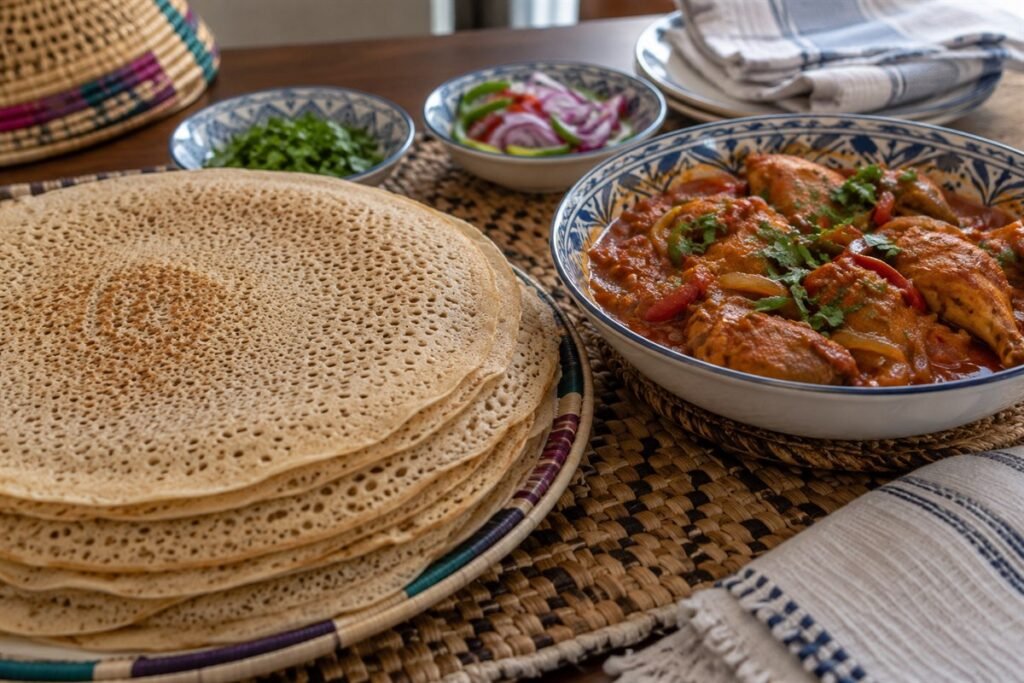 Somali canjeero with a bowl of spiced chicken suugo, peppers, and onions.