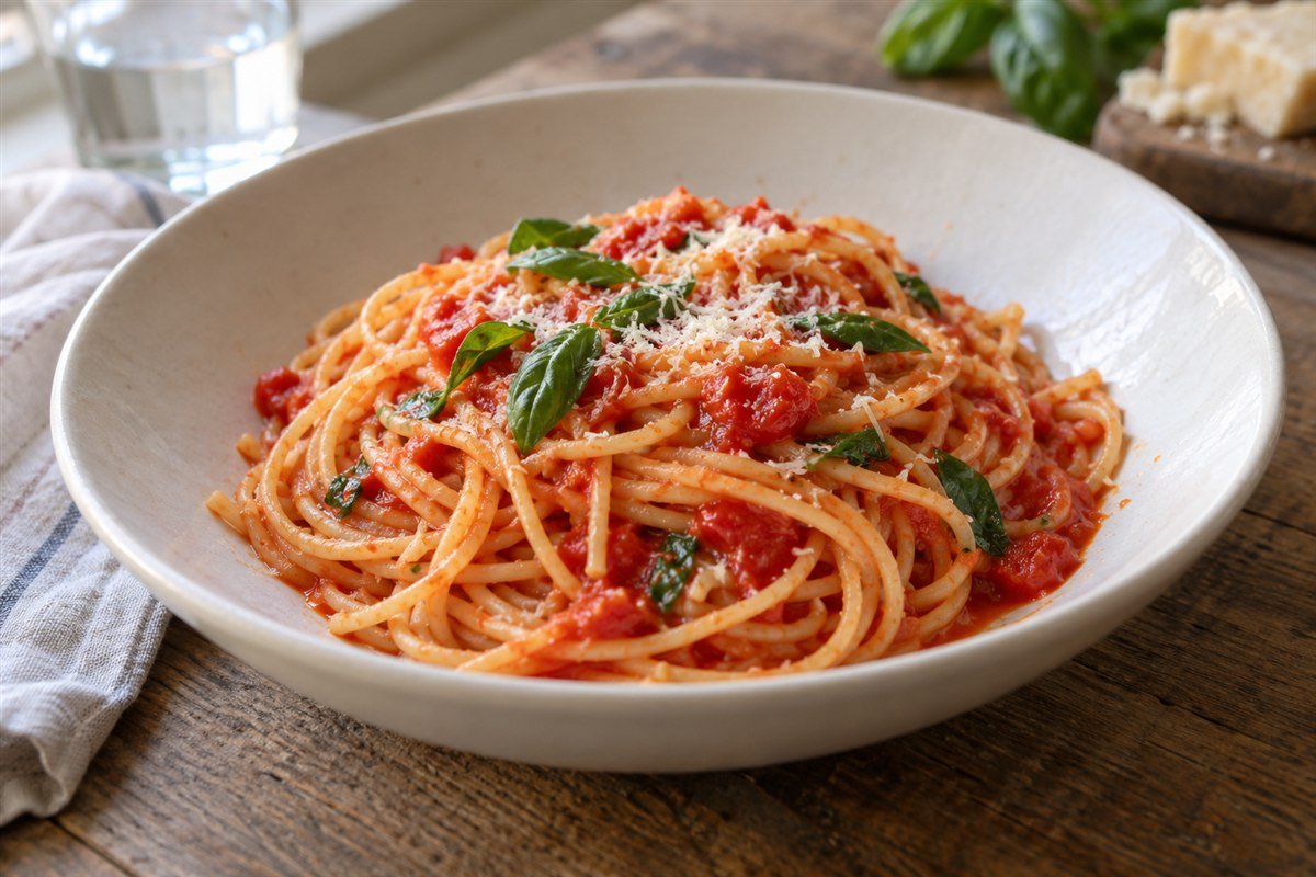 Spaghetti with tomato sauce, basil and grated cheese.