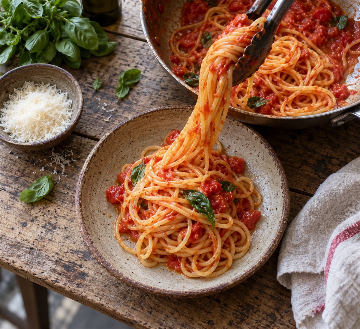 Spaghetti with tomato sauce being served, with grated cheese on the side.